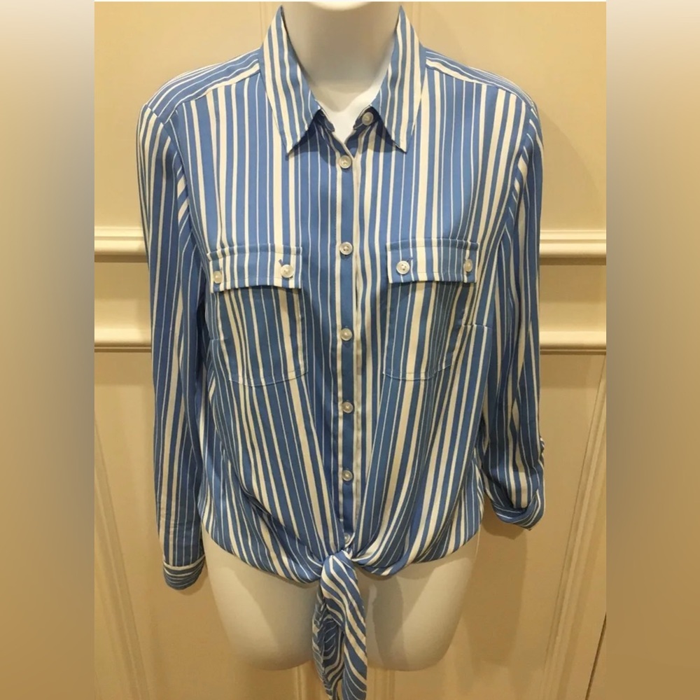 Jones New York blouse Small blue white stripe cuff button